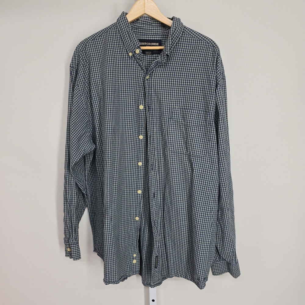 Abercrombie‎ Mens L Button Down Shirt Green Blue Check Long Sleeve Vintage 90s